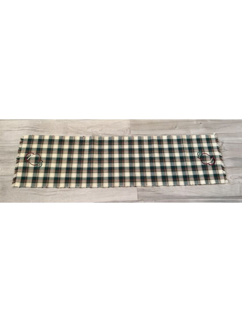 Vtg Reversible Apple Table Runner 13"x56”' Green Plaid Country Farmhouse Decor